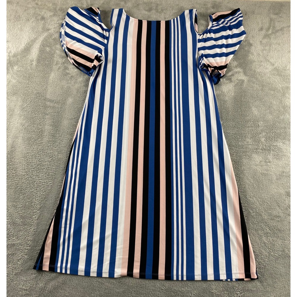 Ivy Road Womens Blue Pink Striped Cold Shoulder V-Neck Flutter Sleeve Dress M - Picture 10 of 12
